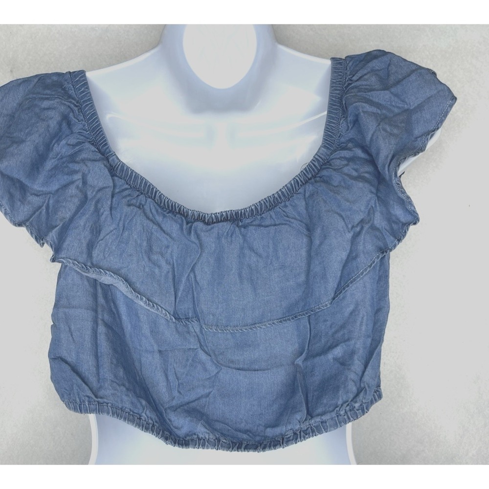Haute Mende Blue Jean Ruffle Off Shoulder Crop Top Medium Peasant - Picture 6 of 6